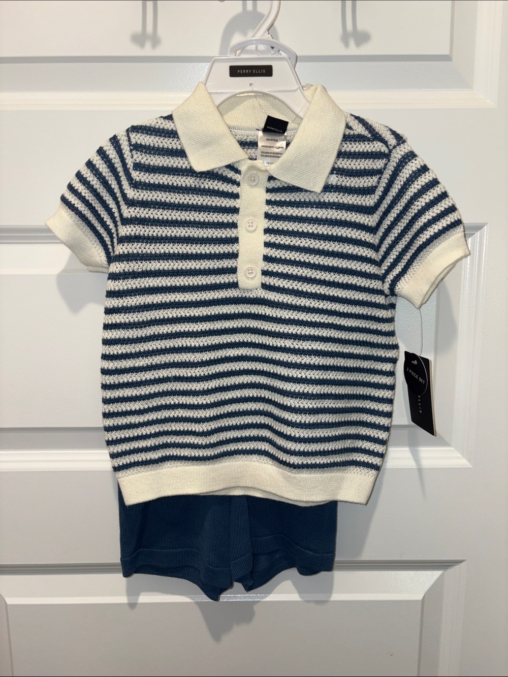Perry Ellis Cream & Navy Striped Knit Polo - Kids